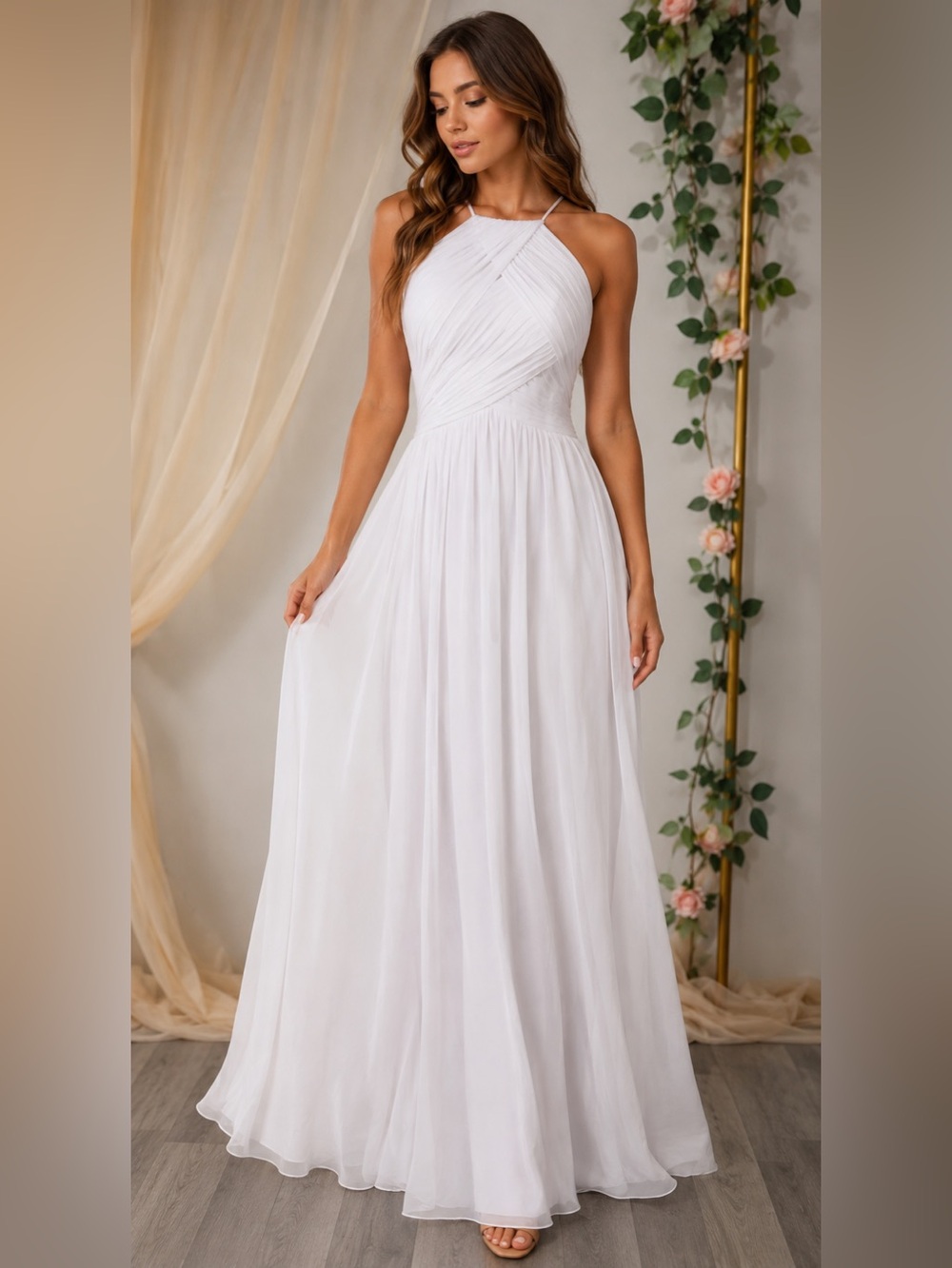 NWT VIP Bridal Lady White Chiffon Corset Back Halter Maxi Dress Size 8